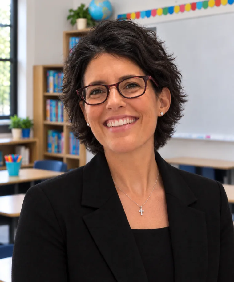 Dr. Tammy Cyra smiling, wearing a black blazer and glasses, in a classroom