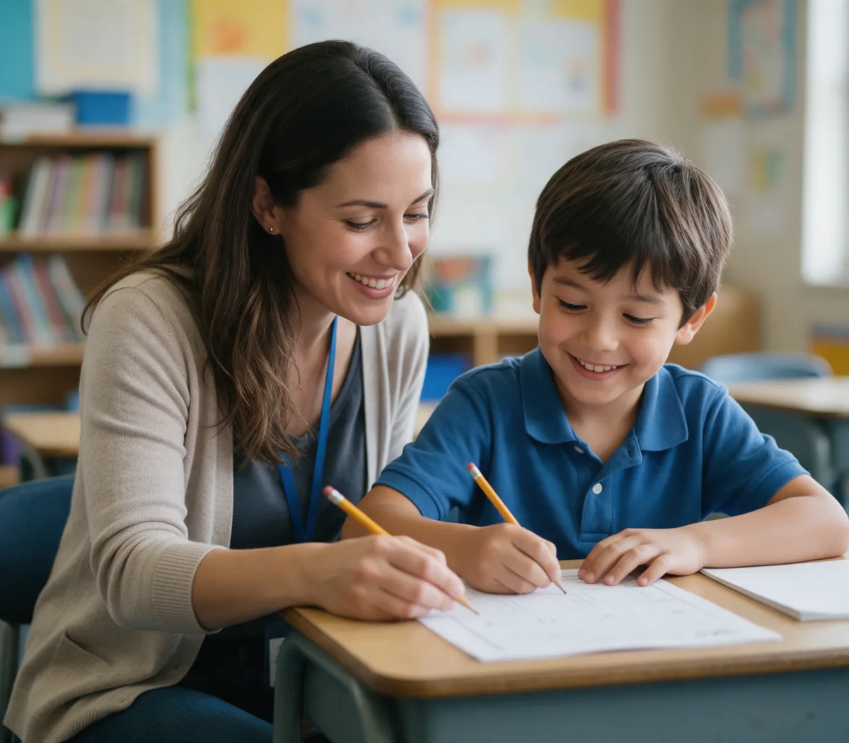 A teacher helping a young student with a worksheet at a desk in a classroom