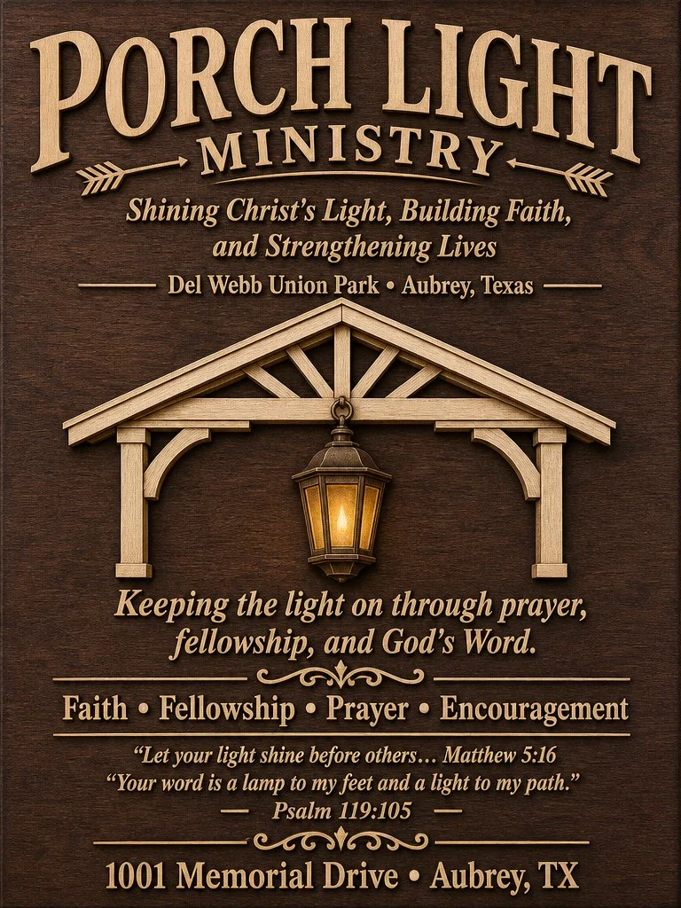 Illustration of the Porch Light Ministry carved wooden sign, showing a timber porch with a hanging lantern, the words Faith, Fellowship, Prayer and Encouragement, and two Bible verses