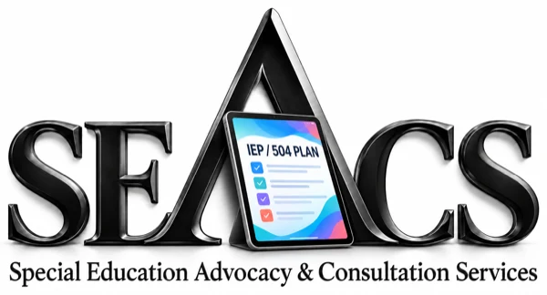 SEACS Special Education Advocacy & Consultation Services logo with iPad displaying IEP / 504