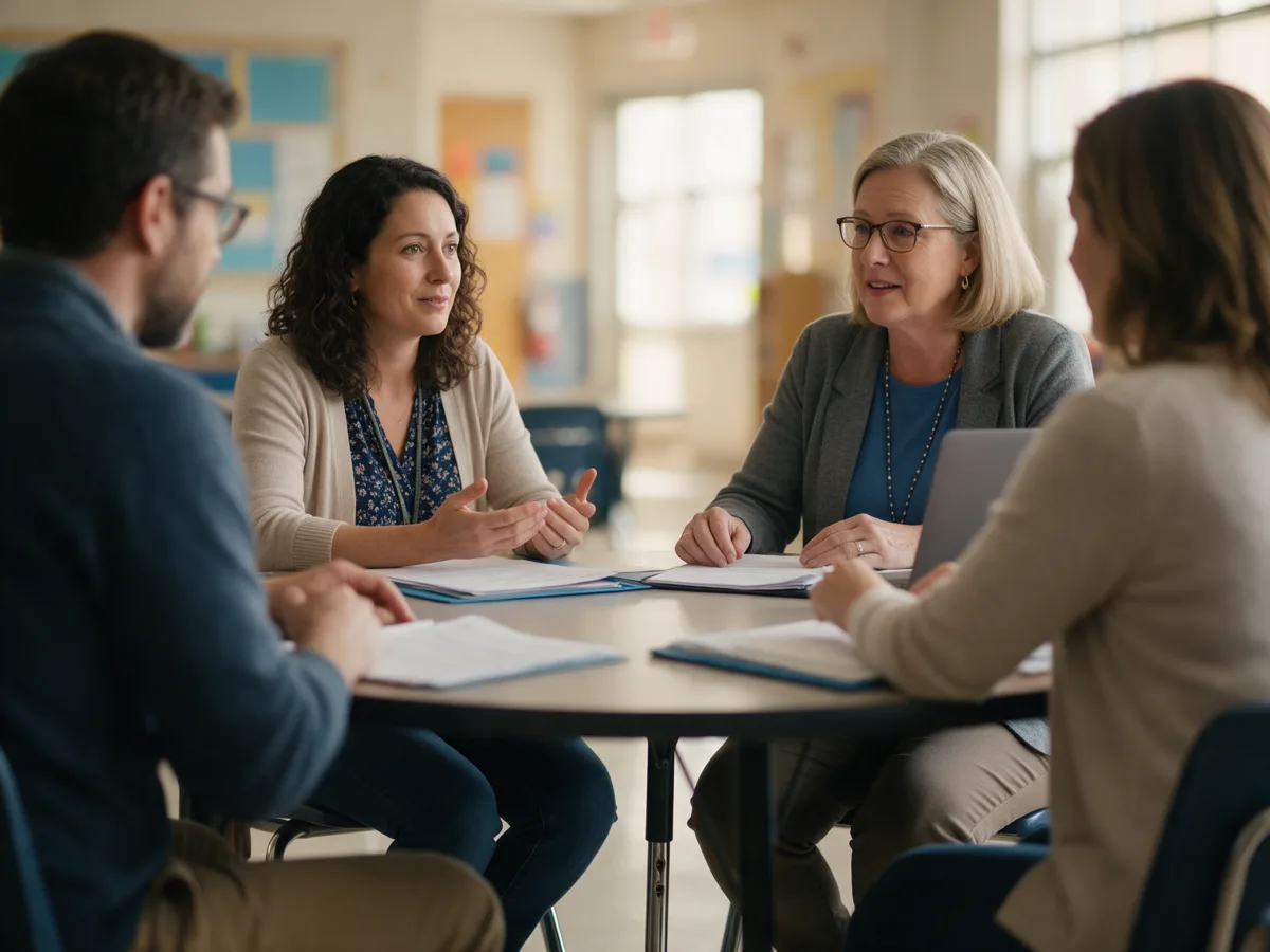 Parents and school staff sitting around a table during an IEP meeting, reviewing paperwork